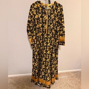 100% Cotton Floral Black and Gold Women's Dress